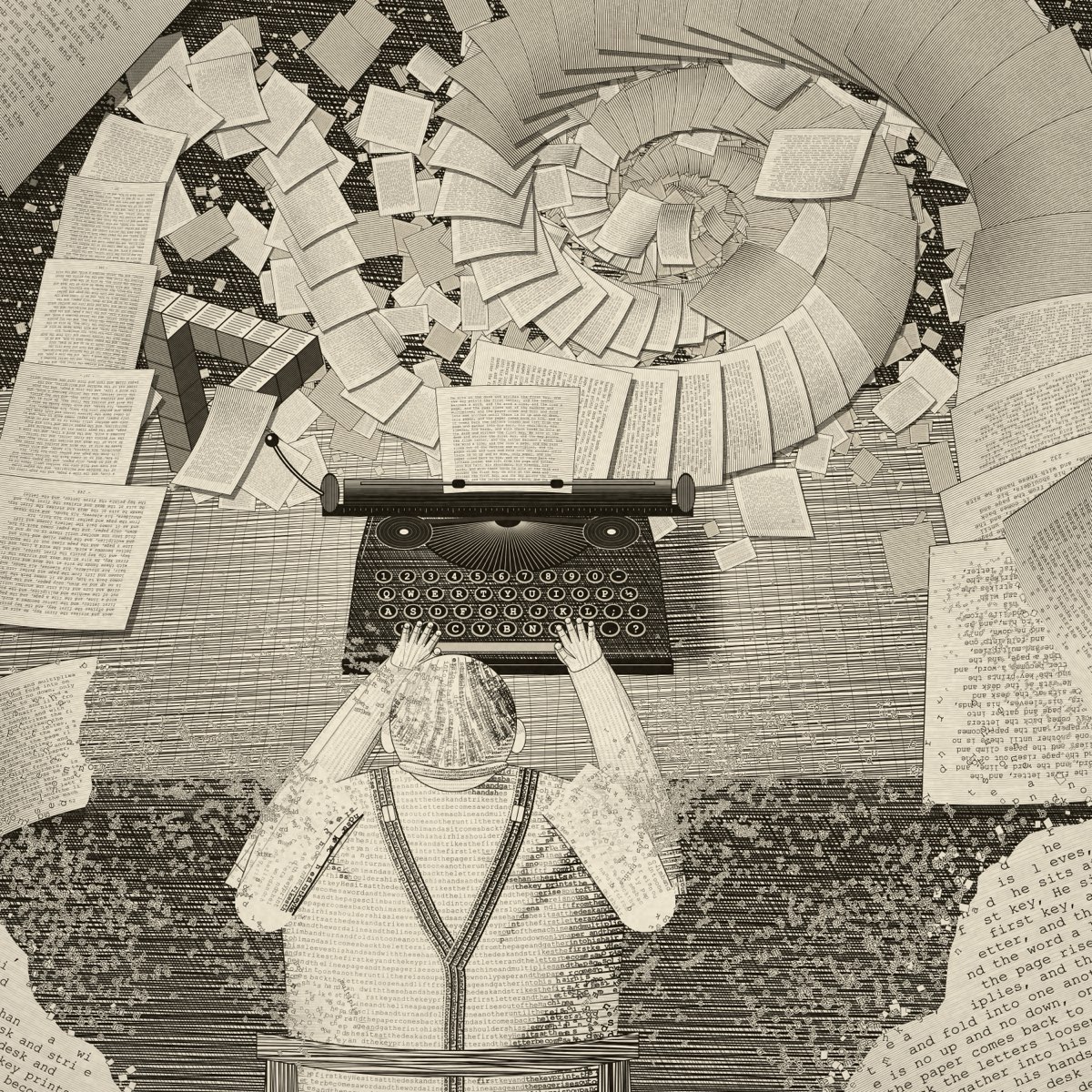 Engraving-style illustration: a writer at a typewriter, with pages spiralling out of the machine